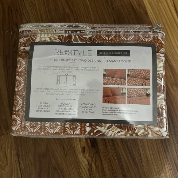 Re Style QUEEN sheet Set‎ 80’s Floral Brown & Cream 6 pc Fall Leaves New - Picture 2 of 5